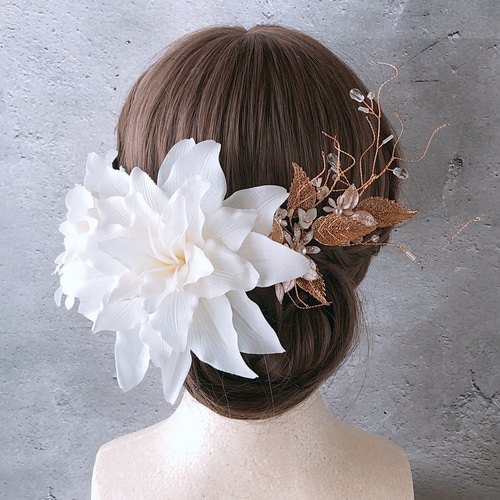 八重咲ユリとゴールドモチーフの髪飾り 卒業式 結婚式 前撮り 和装