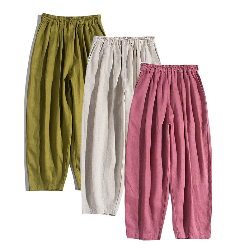 9分丈リネンパンツ　大きいサイズゆとりリネンパンツ　ゴムウエスト水洗いリネンパンツ　3色　M-Lサイズ　L339
