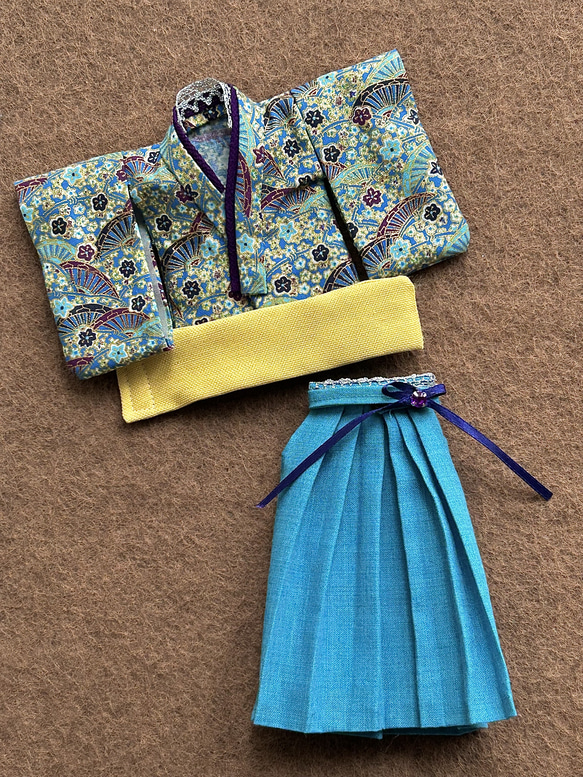 リカちゃんサイズ袴のセット【turquoise blue】 3枚目の画像