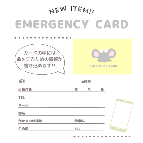 ネズミのEMERGENCY CARD 1枚（緊急連絡先）5.5cm×9cm 5枚目の画像