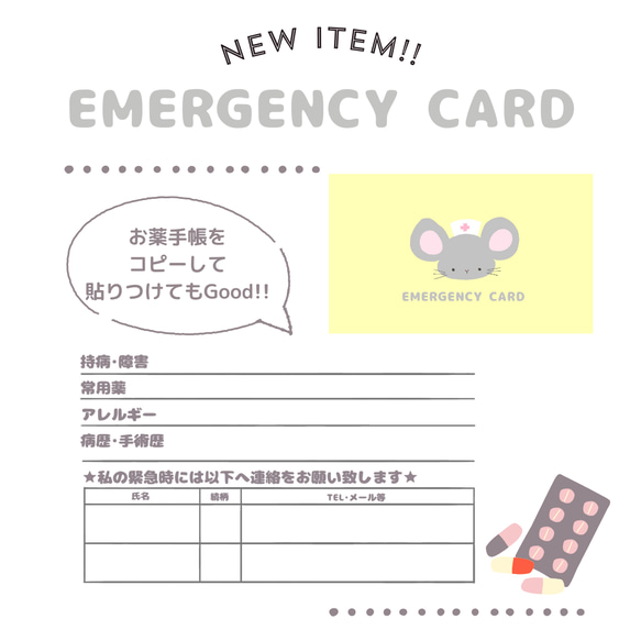 ネズミのEMERGENCY CARD 1枚（緊急連絡先）5.5cm×9cm 6枚目の画像