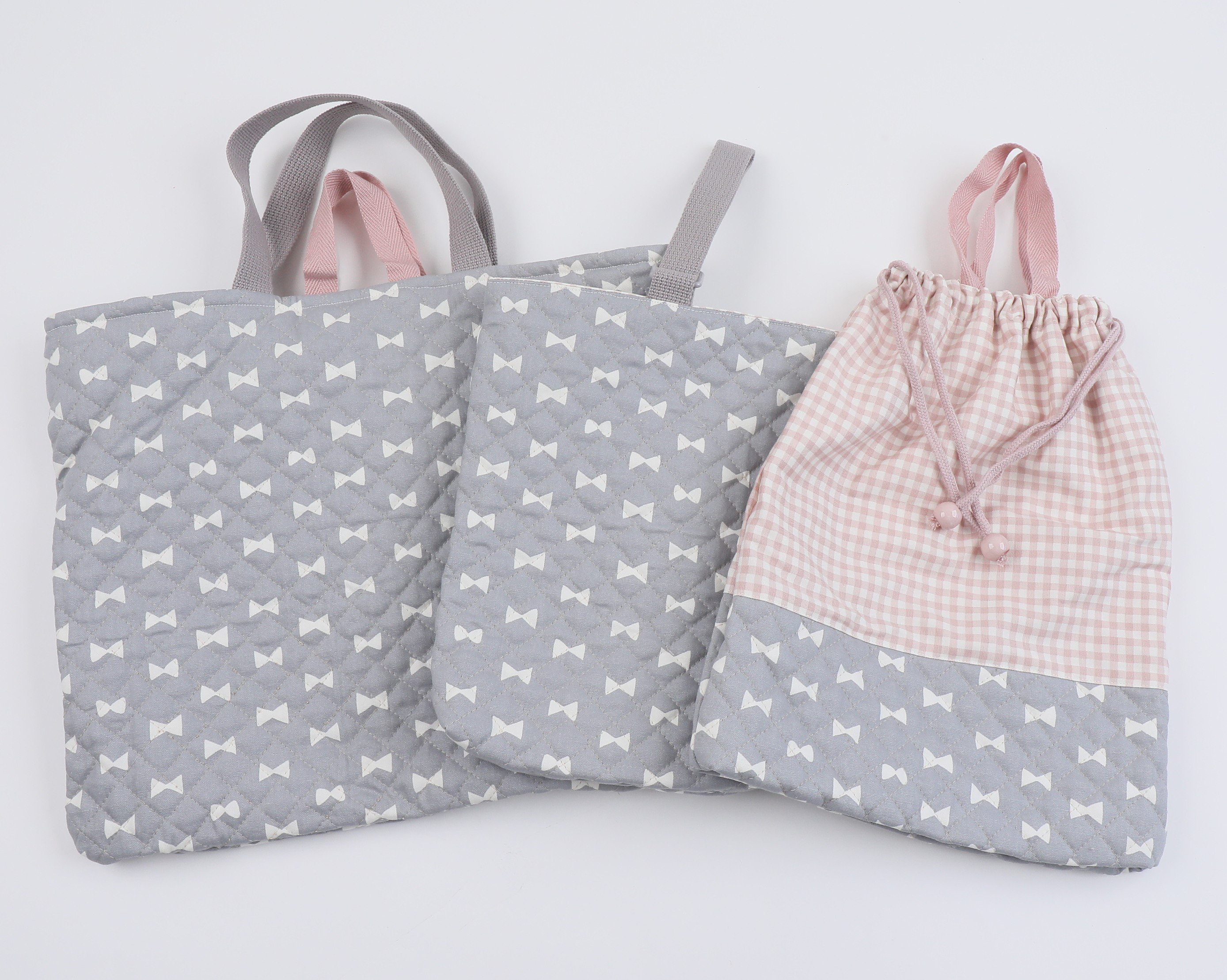 大人可愛いリボン柄　入園入学・3点セット　【レッスンバッグ・上履き入れ・体操着入れ】