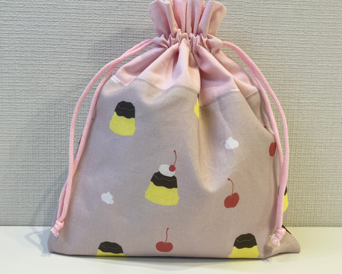給食袋 プリン柄 ピンク（入園入学 きんちゃく 巾着 ポーチ ぷりん