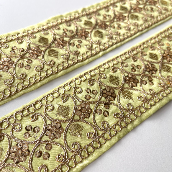 【50cm】インド刺繍リボン　スプリンググリーン　シルク　IS992 3枚目の画像