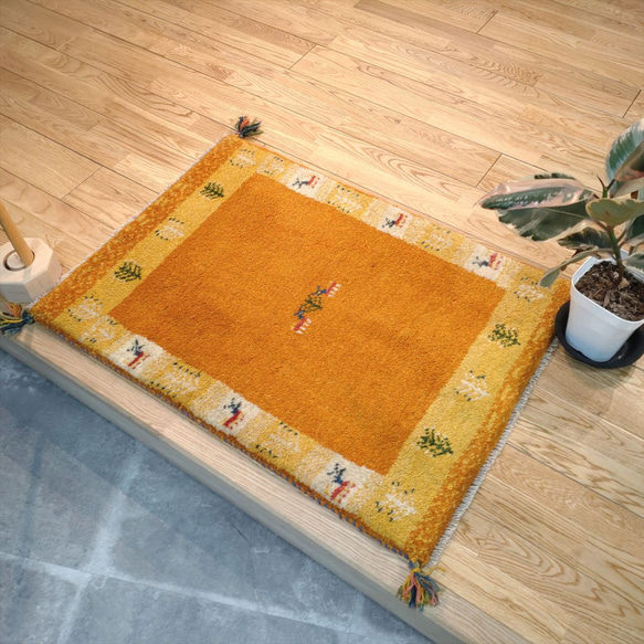 新規入荷】ペルシャ ギャッベ 玄関マット 88x63cm 黄金色 生命の 新規入荷】ペルシャ ギャッベ 玄関マット 88x63cm 黄金色 生命の