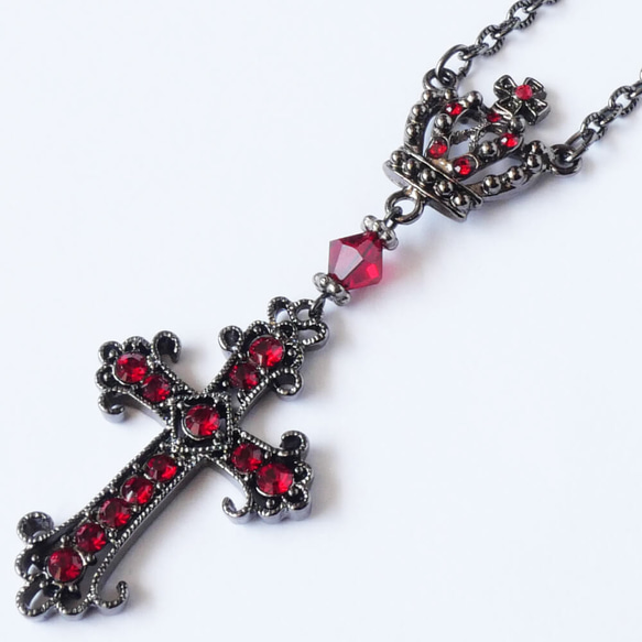 ロザリオ カラー ストーン クロス ガンメタ ロング ネックレス 十字架 10枚目の画像