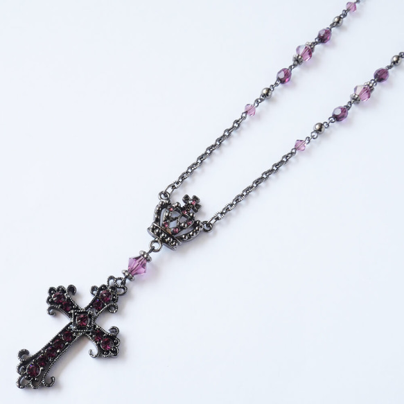ロザリオ カラー ストーン クロス ガンメタ ロング ネックレス 十字架 3枚目の画像