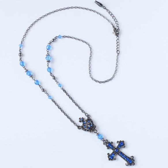 ロザリオ カラー ストーン クロス ガンメタ ロング ネックレス 十字架 6枚目の画像