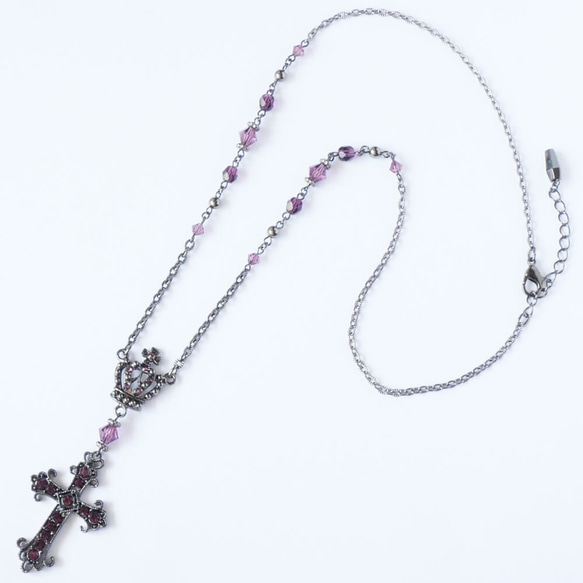 ロザリオ カラー ストーン クロス ガンメタ ロング ネックレス 十字架 2枚目の画像