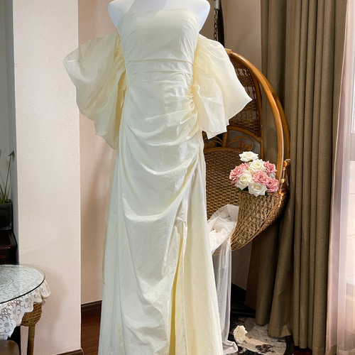 高品質！フランス風シルクタフタ生地オフショルダー ワンピース  