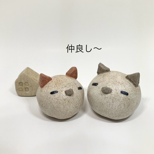 仲良しシマエナガさん猫になるオブジェ」素焼きおうちのおまけ付/陶器