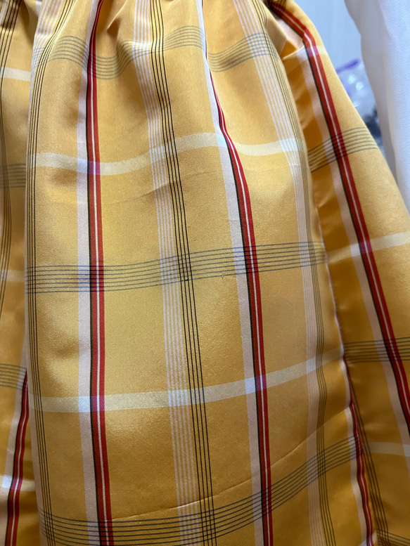 大島紬　ギャザースカート　格子柄　リボンベルト付き　黄色　着物リメイク　ハンドメイド　271 7枚目の画像