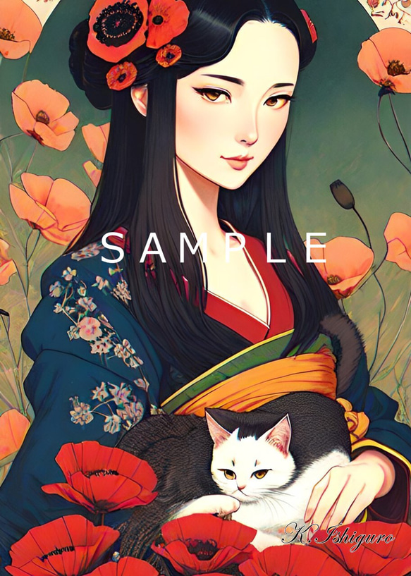 猫と女性と雛罌粟(オリジナルイラスト)A4額付き　№s-3020 1枚目の画像