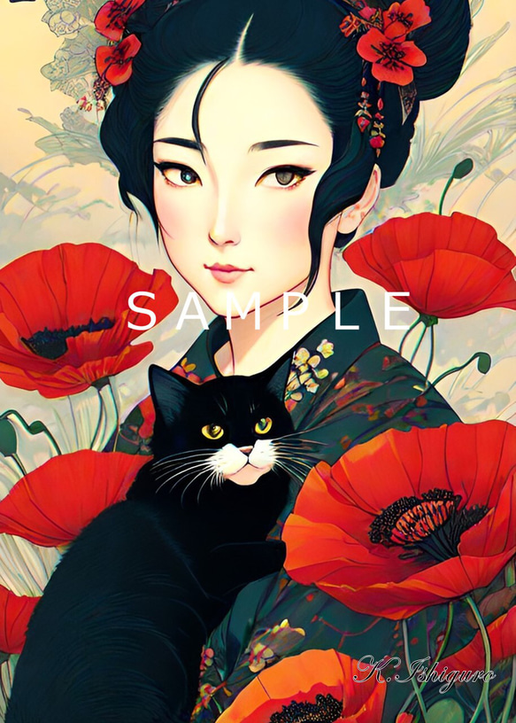 猫と女性と雛罌粟(オリジナルイラスト)A4額付き　№s-3021 1枚目の画像
