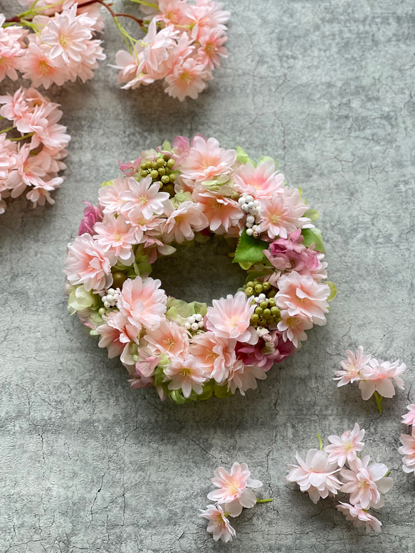 サーモンピンクの山桜と紫陽花のリース＊母の日ギフト 6枚目の画像