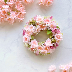 サーモンピンクの山桜と紫陽花のリース＊母の日ギフト 1枚目の画像