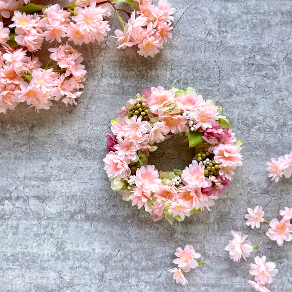 サーモンピンクの山桜と紫陽花のリース＊母の日ギフト 4枚目の画像