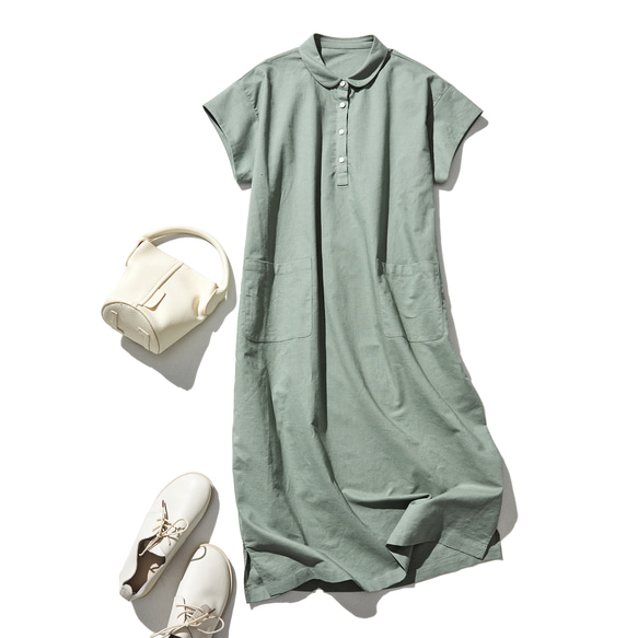 ★樣品僅售1件★棉麻洋裝 Marueli 洋裝 短袖 苦澀 暗淡 淺綠色 210705-7 第1張的照片