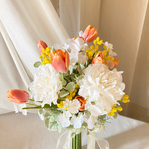 チューリップ&ミモザの爽やかブーケ ウェディングブーケ&ブートニア  