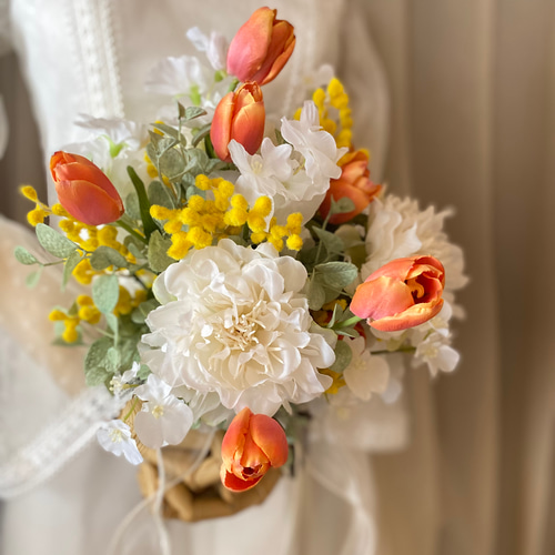 チューリップ&ミモザの爽やかブーケ ウェディングブーケ&ブートニア  