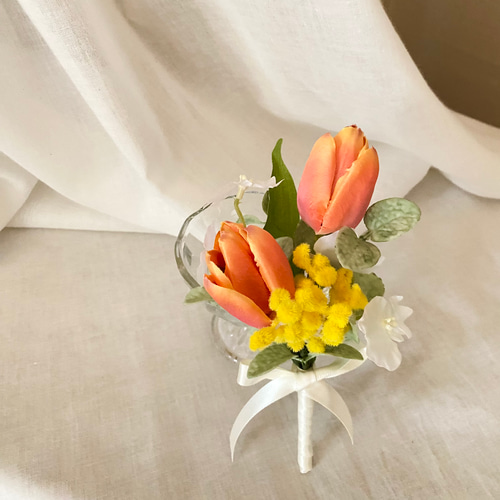 チューリップ&ミモザの爽やかブーケ ウェディングブーケ&ブートニア  