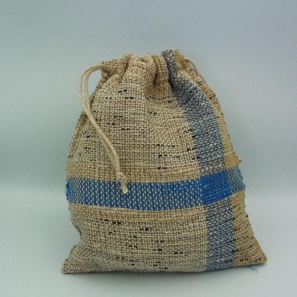 ハンドメイド 手織り生地と型染め・縞の巾着バッグ