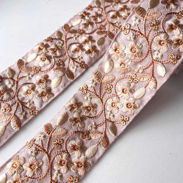 【50cm】インド刺繍リボン　ライトブラウン　シルク　GS1003 6枚目の画像