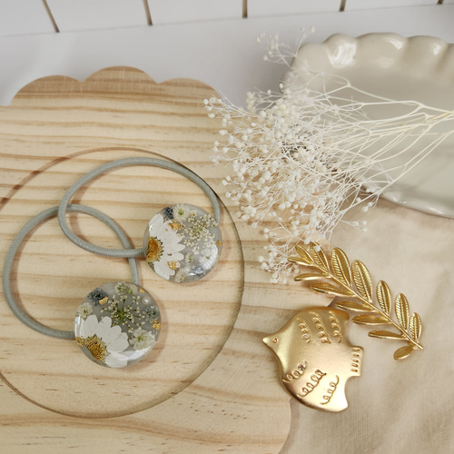 No.58】ヘアゴム 鳥 レジン かすみ草 ドライフラワー No.58】ヘアゴム