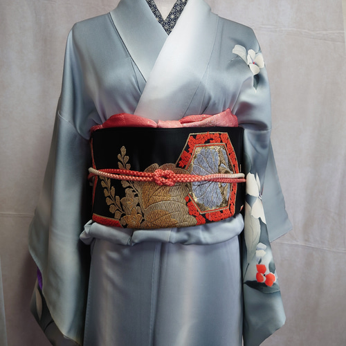 ob45 フック付 二部式作り帯 ニ重太鼓結び 袋帯 オリジナル説明書 付け