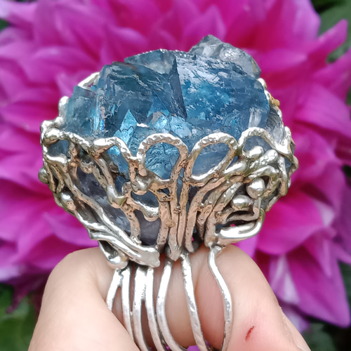 ハンドメイド シルバー クリスタルリング フローライトイン 太陽光蛍石原石ハンドメイドシルバーリング スターリング