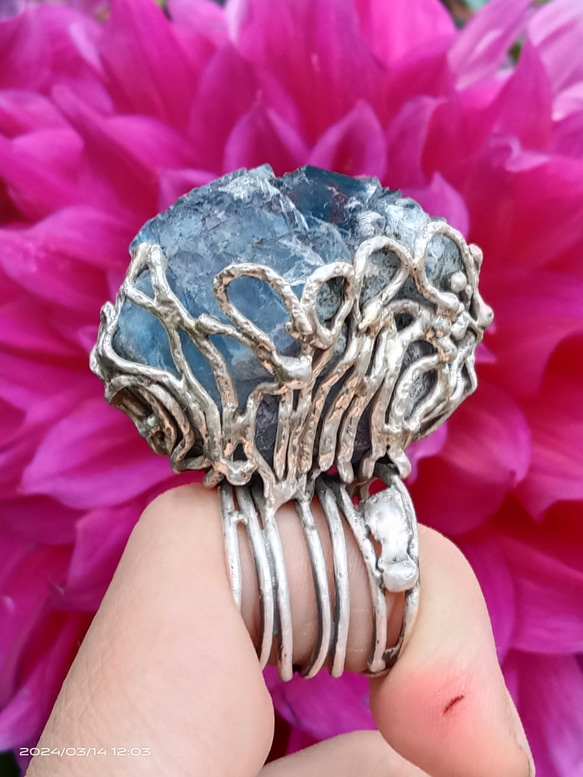 螢石原礦手工銀戒 純銀戒指~ 「海」~ Fluorite Mineral Silver Ring 第9張的照片