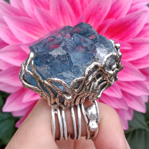 ハンドメイド シルバー クリスタルリング フローライトイン フローライト 鉱物原石 14kgf / シルバー925 リング 【一点もの