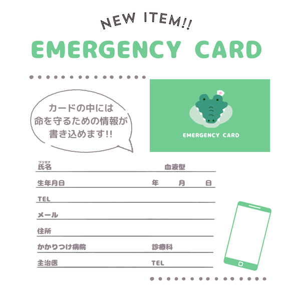 ワニのEMERGENCY CARD 1枚（緊急連絡先）5.5cm×9cm 5枚目の画像