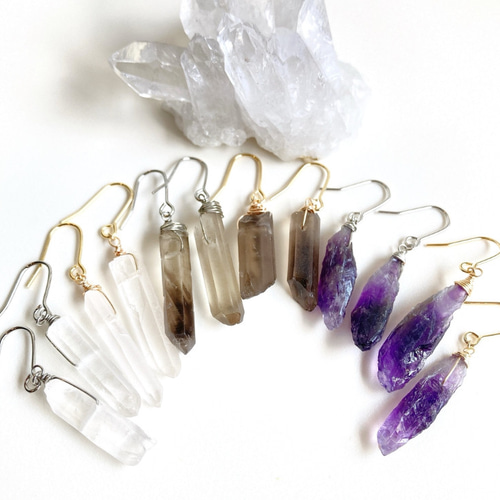 再販♡天然石ラフロック水晶の一粒ピアス/イヤリング ピアス（フック