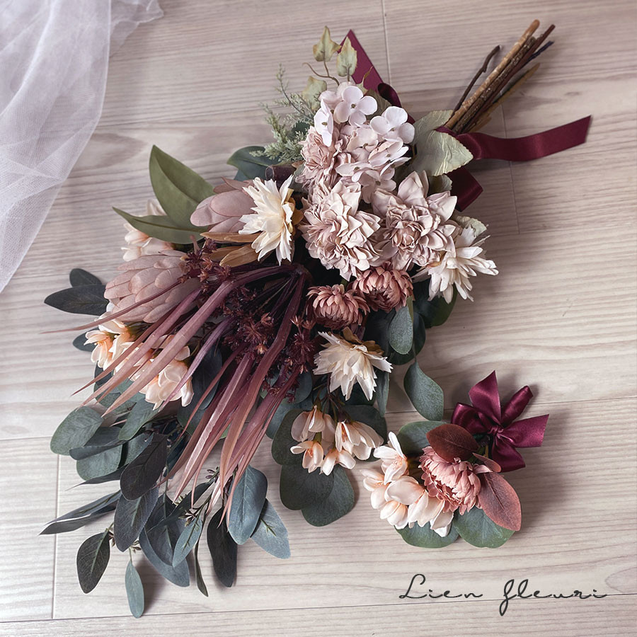 ブーケ ウエディング ワイン ピンク アームブーケシック アーティフィシャル 造花 スワッグ グリーン フォトウエディン