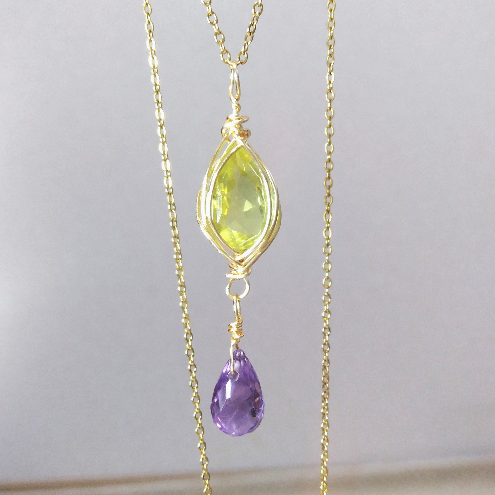 レモンクォーツ＆アメジスト　天然石　ワイヤーペンダント　No.P23