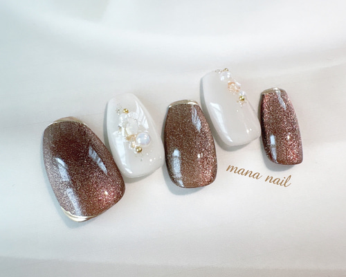 ネイルチップ　マグネットネイル　ニュアンスネイル　シェルネイル マグネットネイル シェル パール ミラー ニュアンス 濃いめブラウン