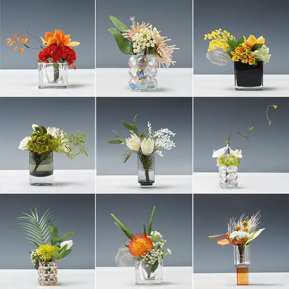 モダンフラワーアレンジメント、造花アレンジメント、緑の植物、花飾り