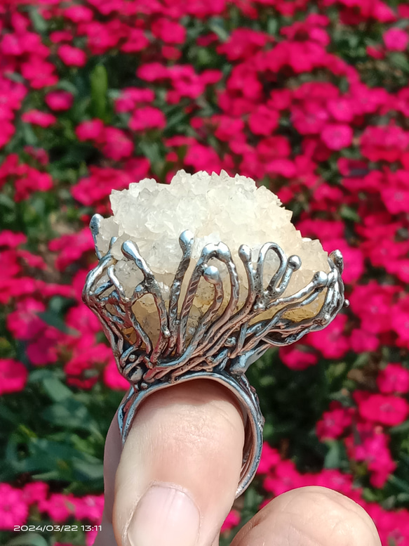 霰石原礦手工銀戒純銀戒指~「關係」~ Aragonite Mineral Silver Ring 第5張的照片