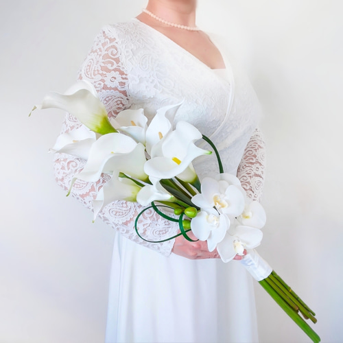 生花に見える】カラー 胡蝶蘭 造花 ウェディングブーケ 白 ブートニア