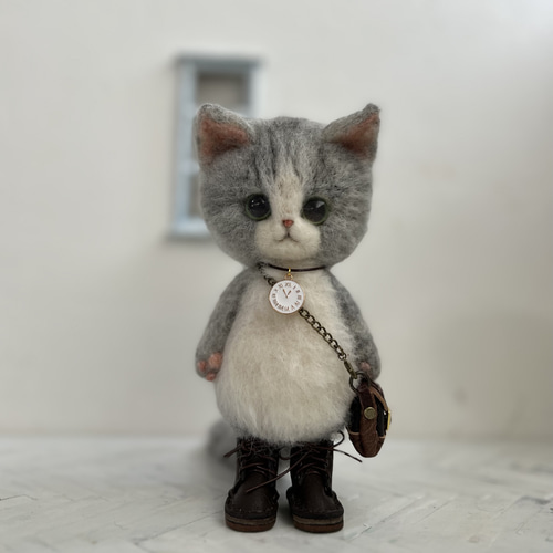 うさ耳帽子のごーぐるにゃんこ 羊毛フェルト 猫 ぬいぐるみ 羊毛
