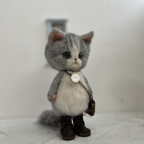 うさ耳帽子のごーぐるにゃんこ 羊毛フェルト 猫 ぬいぐるみ 羊毛