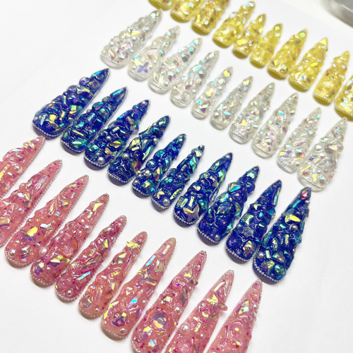 NAILSTONE 埋めつくし 宝石 ロングネイルチップ オーロラピンク