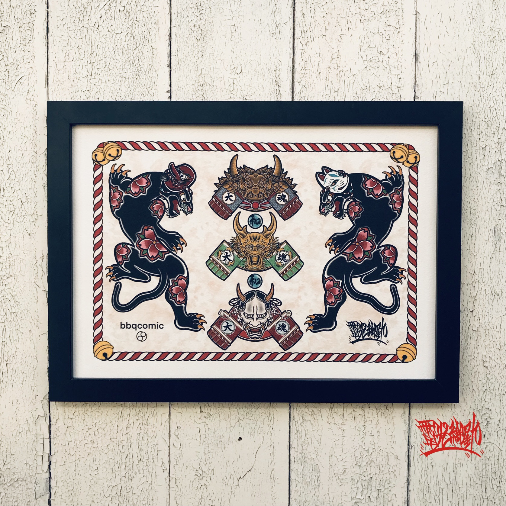 黒豹 兜 桜 和風イラスト A4 フレーム付き｜尾九