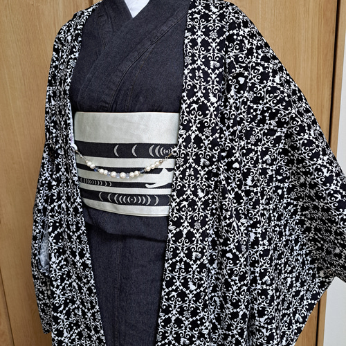 洗える羽織#長羽織#黒✕白#変わりダマスク#モノトーン#綿100%#和装 