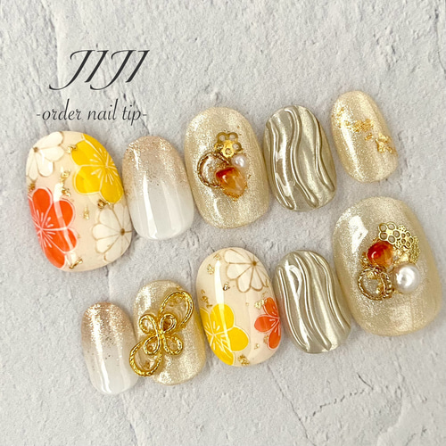 ネイルチップ 和装 成人式 袴 振袖 黄 からし色 お花 ミラー サイズ変更 ネイルチップ 和装 成人式 袴 振袖 黄 からし色 お花 ミラー サイズ