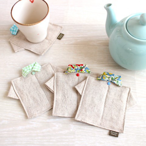 リネンのシャツコースター・黄緑組(USAプリント）        Ω