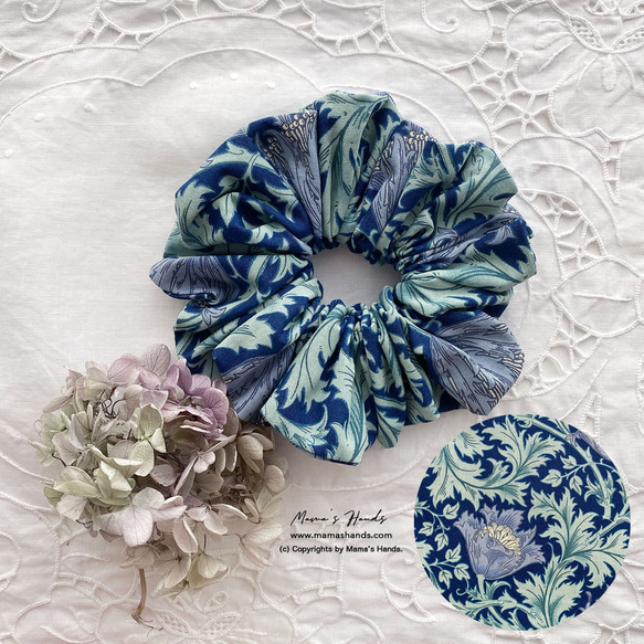 時尚 William Morris 海葵海軍藍花卉圖案捲髮圈髮帶 第1張的照片