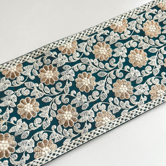 【在庫SALE♡46cm】インド刺繍リボン　ボトルグリーン　シルク　FS488 1枚目の画像