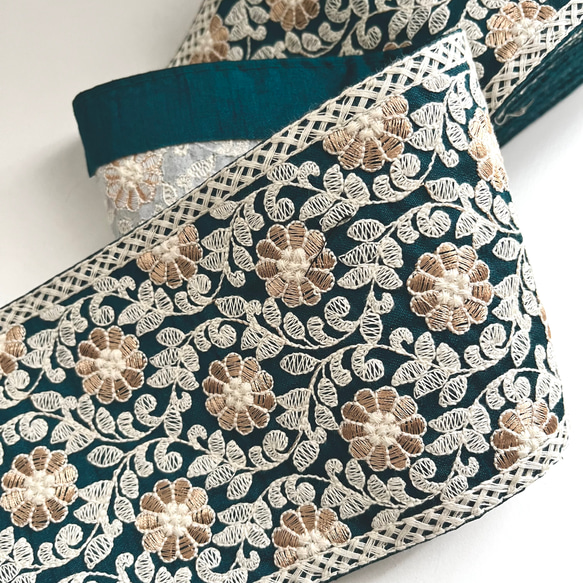 【在庫SALE♡39cm】インド刺繍リボン　ボトルグリーン　シルク　FS488 6枚目の画像